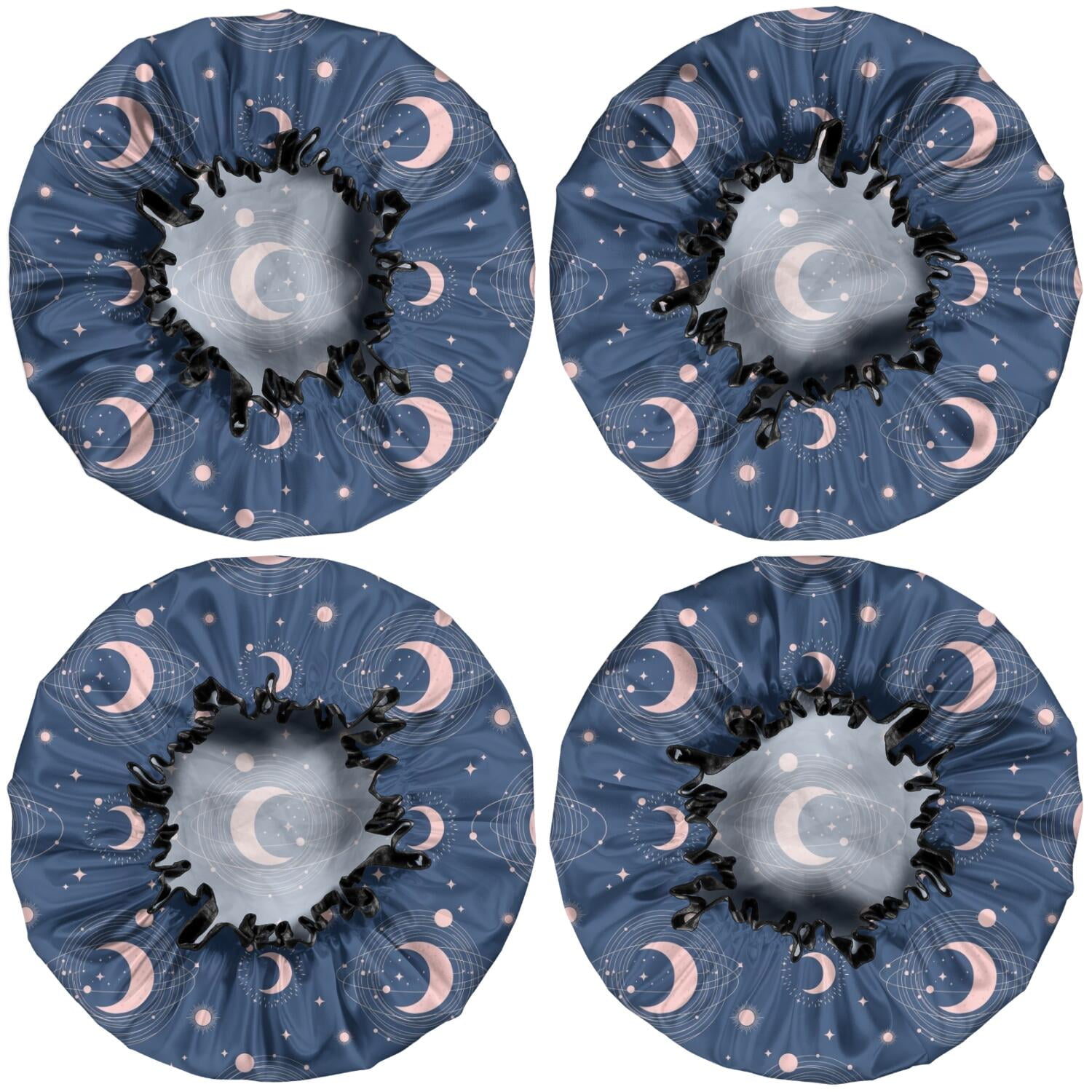Shower Caps,Blue Pink Moon Star Planet Pattern Waterproof Shower Cap for Women 4 Pieces,Double Reusable Hair Cover for Shower PEVA Elastic Stretch Hem