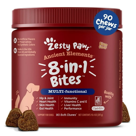 Zesty Paws Ancient Elements 8-in-1 Multifunctional Bites for Dogs - For Joint, Digestive, Immune, Skin, Kidney Support, Functional Dog Supplement, Bison Flavour, 90 Count Soft Chews
