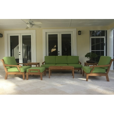 WholesaleTeak Outdoor Patio Grade-A Teak Wood 7 Piece Teak Sofa Set - Sofa, 2 Lounge Chairs, Ottoman, 2 Side Tables & Rectangle Coffee Table -Furniture only --Sack Collection