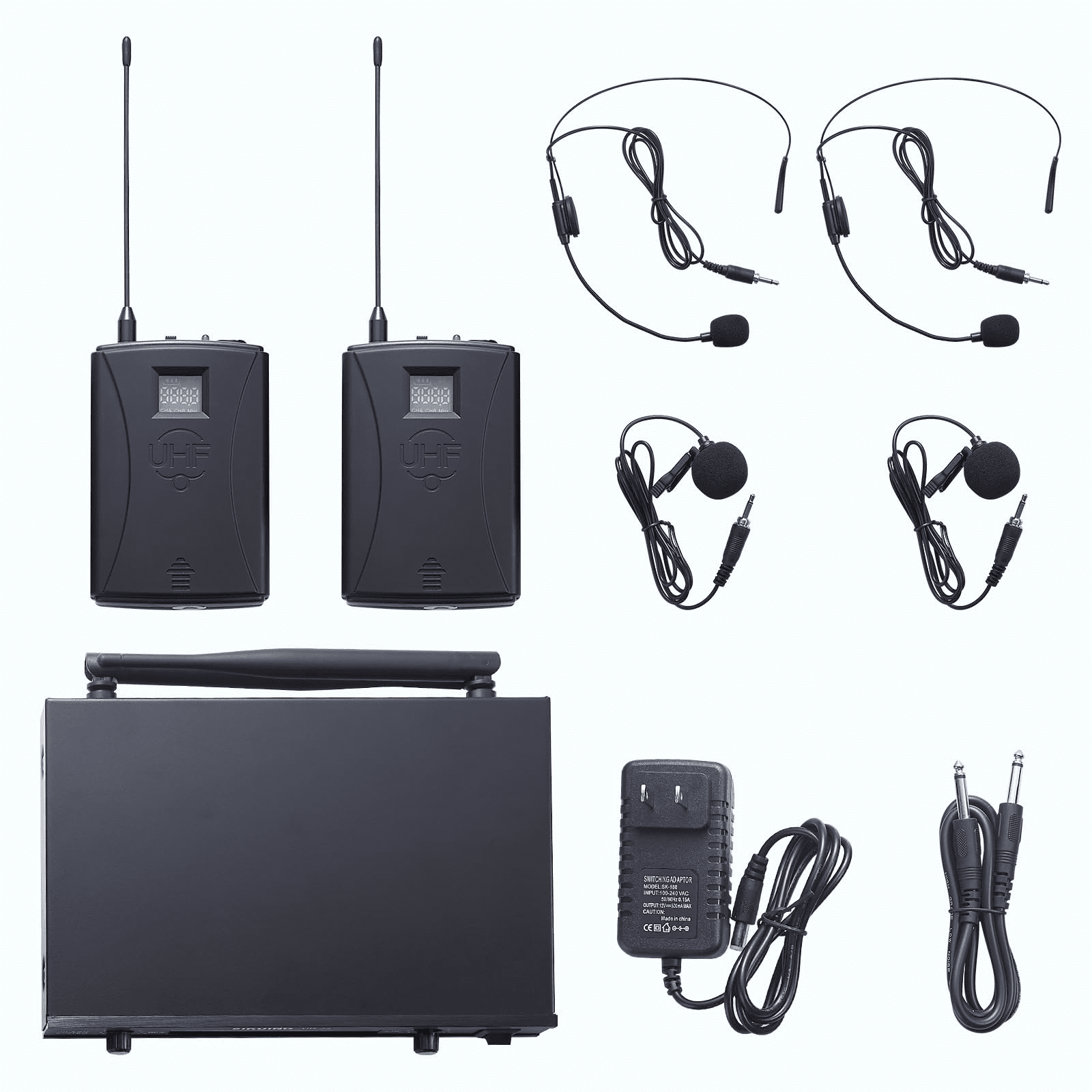 Dual Channel UHF Wireless Microphone System, 2x30 Adjustable Frequencies, Lavalier & Headset Microphone System for Meeting, Church, 300ft Range (2 Bodypack)