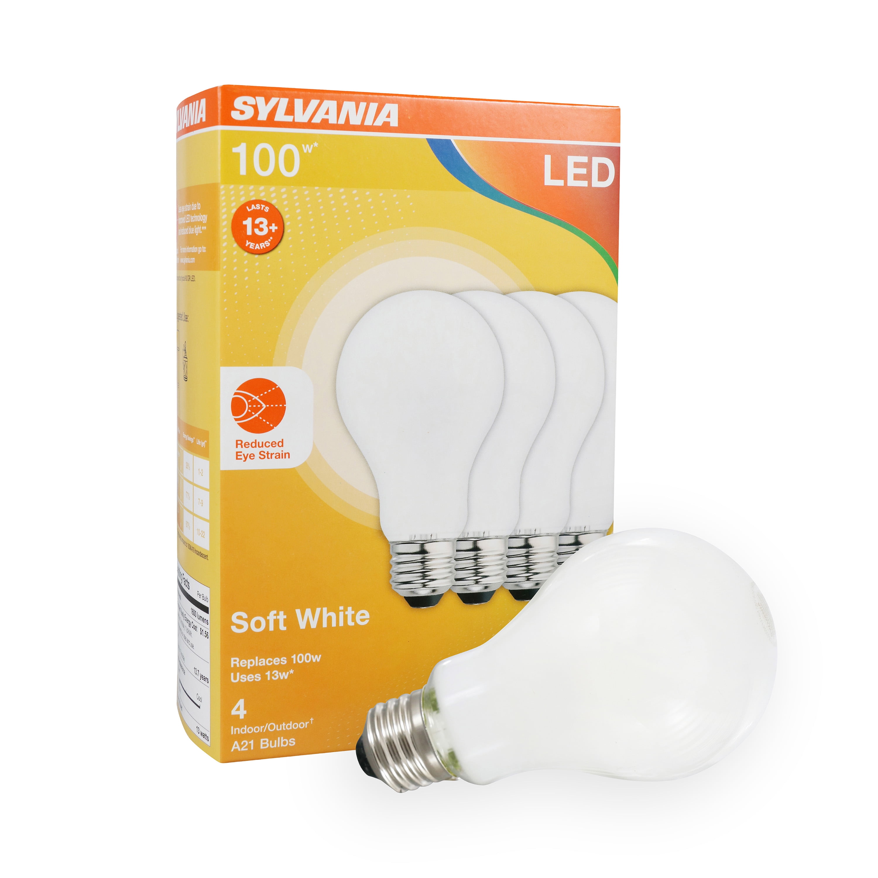 SYLVANIA LED Reduced Eye Strain Light Bulb, A21, 13W, Dimmable, Frosted, 2700K, Soft White, 4 Pack