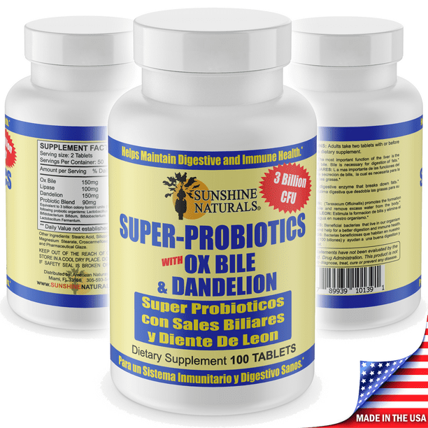 Sunshine Naturals Super Probiotics With Ox Bile Dandelion Dietary Supplement 100 Tablets Walmart Com Walmart Com