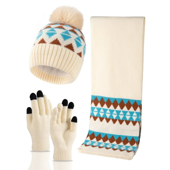 COOPLUS 3 PCS Winter Hat Scarf Gloves Set, Long Scarf Neck Warmer Beanie with Pom Pom Touchscreen Gloves Set Winter Gifts for Adults Children