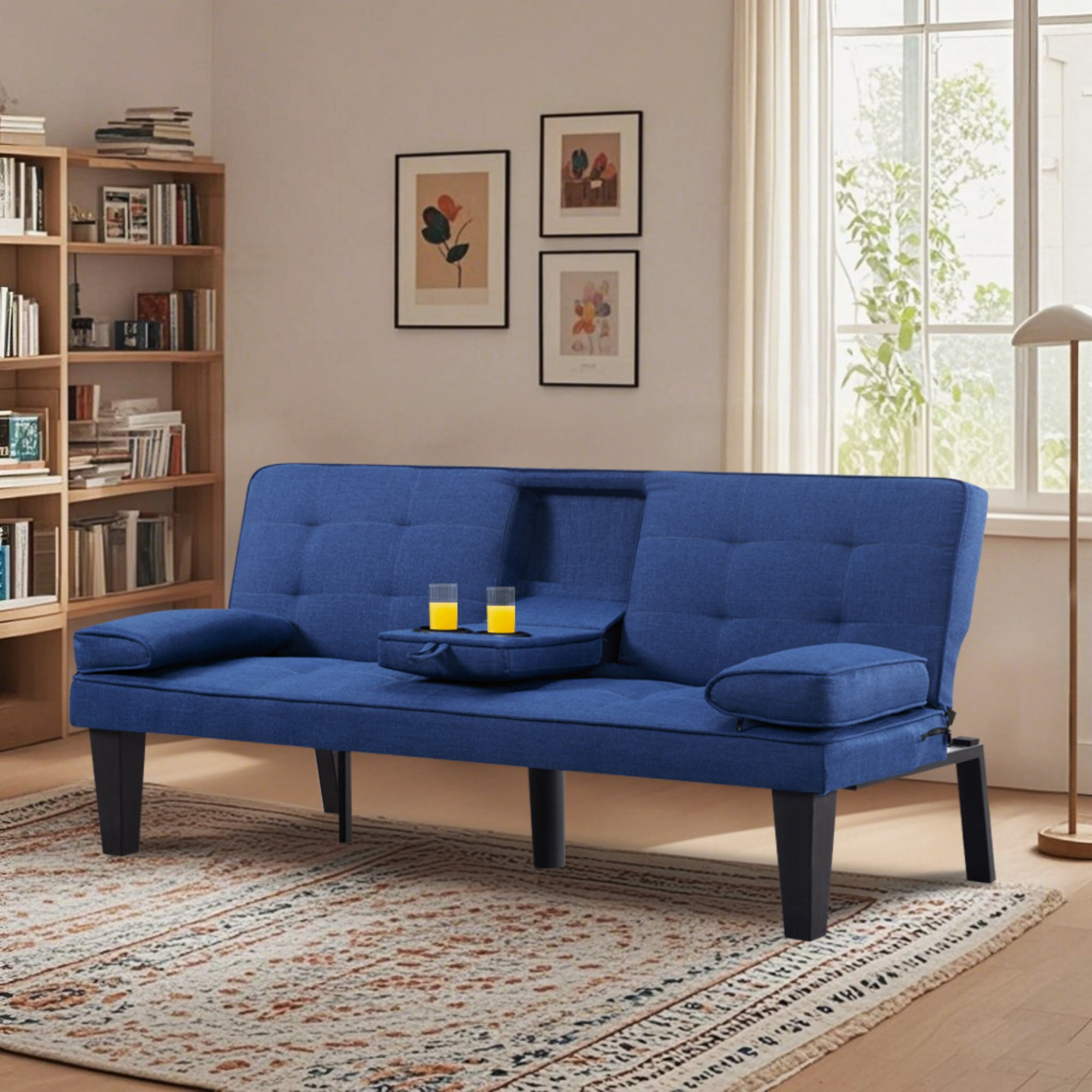 Gewnee 65" 3‑in‑1 Convertible Futon Sleeper Sofa,Polyester Foldable Sleeper Couch with Adjustable Backrest,Sofa Bed with Cup Holders for Small Apartments & Office，Navy Blue