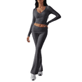 thumbnail image 2 of LYMAYTER Women Fashion Suit Long Sleeve V-Neck Sweatsuit Sets Fold Over Flare Pants Tracksuits Sets XS-XL, 2 of 9