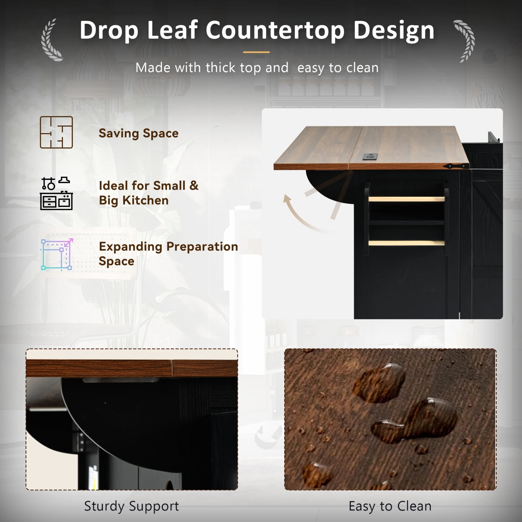 Alvantor 54.5'' Kitchen Island Carts with Power Outlet, Farmhouse Buffet Cabinet with Drop Leaf, Spice Rack and Drawer for Dining Room Living Room Black