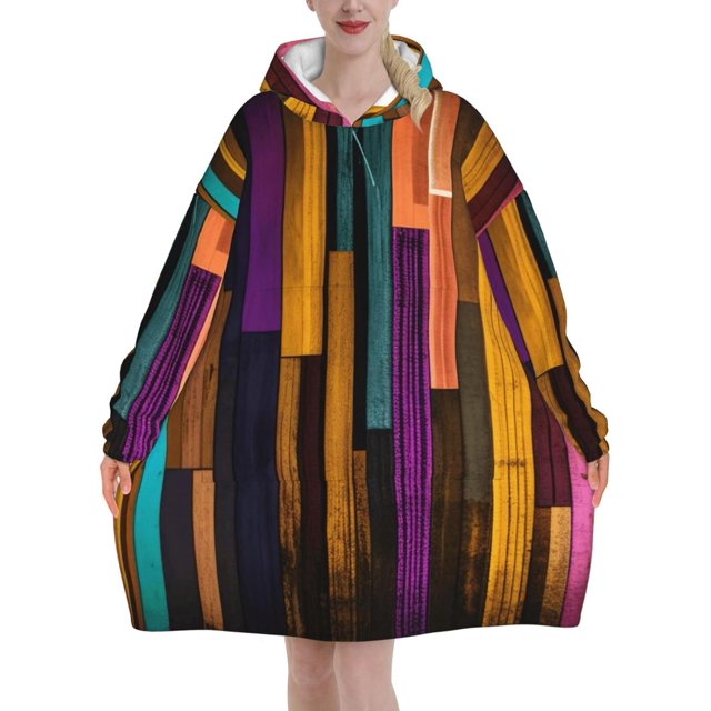 Colorful Wood Print Oversized Blanket Hoodie, Wearable Blanket Adult For Women Men And Teenager, Super Soft Warm Flannel Fluffy Hooded Blankets Sweatshirt With Big Pocket