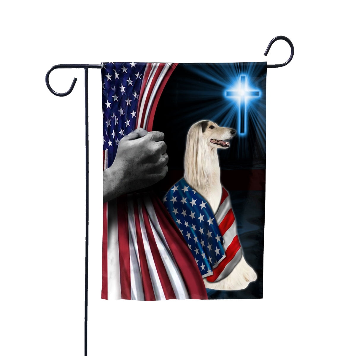 Hand Pulling USA Flag Afghan Hound Dog Wearing Flag American Standing under Cross Christian Patriotic House Flag (3x5) Double Sided- Premium Polyester-Decorative Indoor Outdoor Flag