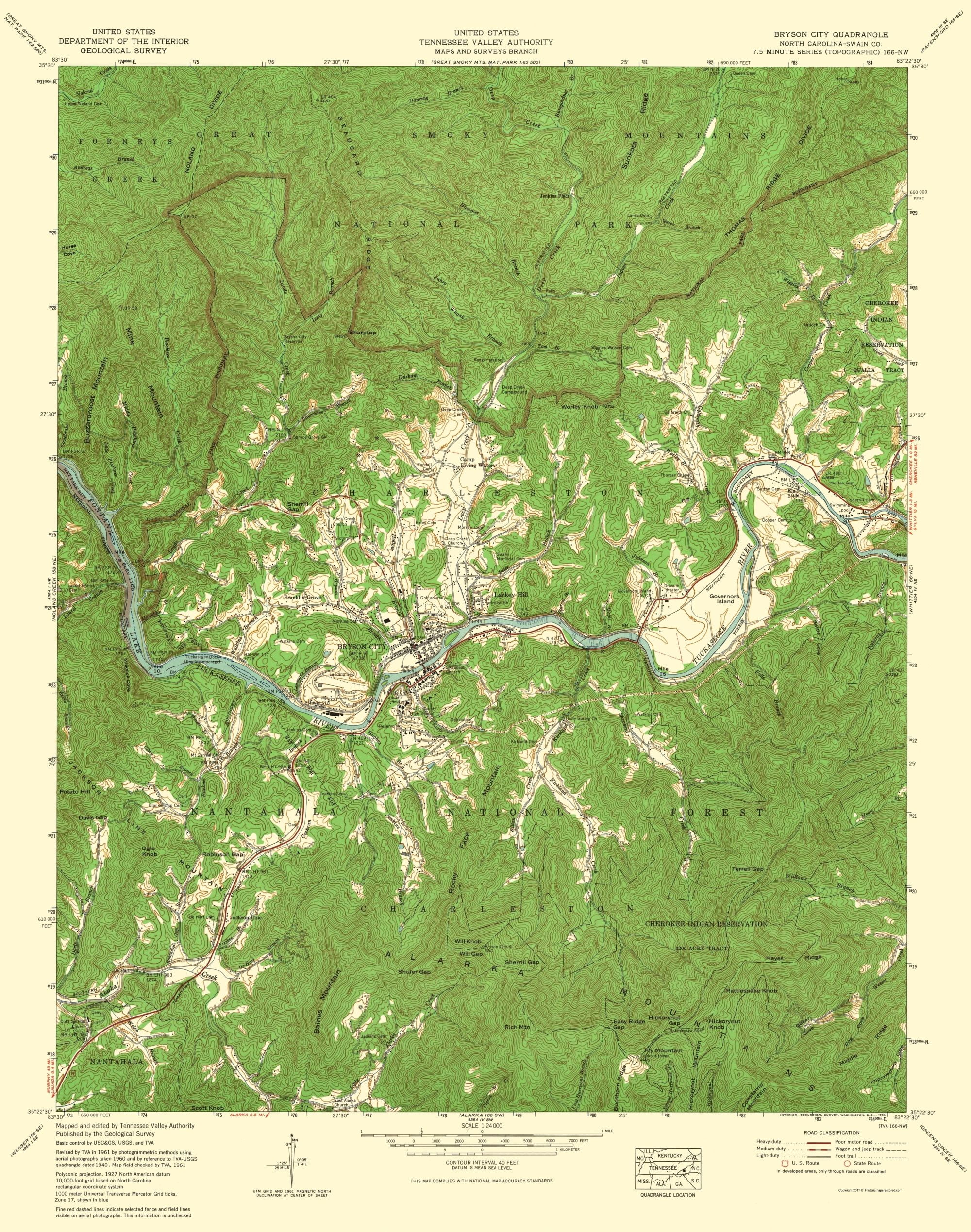 Topo Map Bryson City North Carolina Quad USGS 1935 23.00 x 29.19