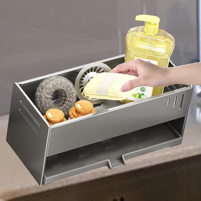 Organizador de fregadero de cocina plato auto drenaje anti -slip con bandeja de desagüe extraíble soporte para esponja para el fregadero de la cocina Un estante de toalla sin toallas