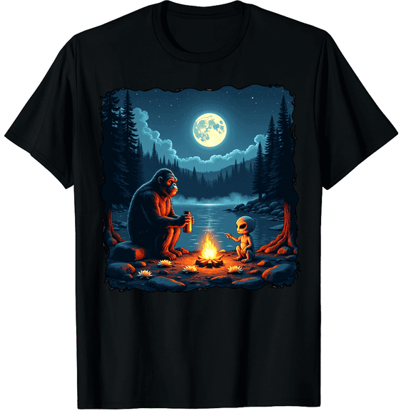 Funny Bigfoot Sasquatch Alien Campfire Forest Camping Talk Graphic Black T-Shirt for Men and Women