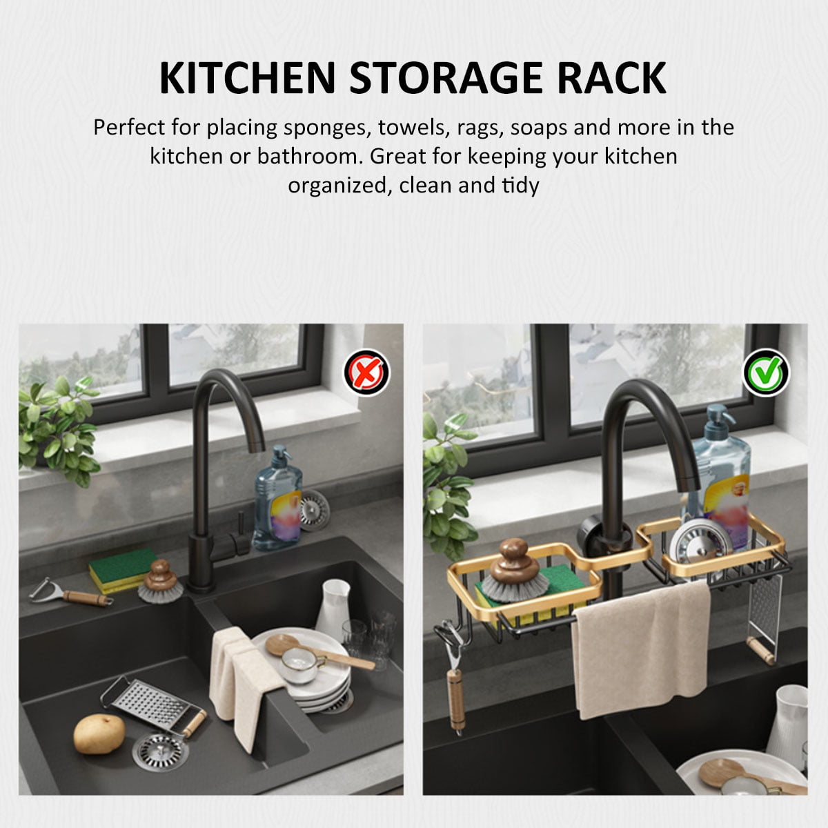 Retrok Faucet Rack Hanging Faucet Sponge Holder Metal Faucet Sponge Holder Soap Dishcloth Brush Sink Caddy Drain Rack Aluminum Organizer for Kitchen Bathroom-Black gold