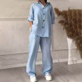 thumbnail image 4 of yievot Women's Lounge Sets Long Sleeve Button Down Linen Shirt and Pants 2 Piece Outfits Loungewear Pajama Sets Fall Outfit, 4 of 7
