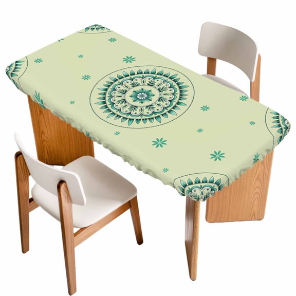 Green Floral Table Cloths for 4 Foot Rectangle Tables, round Floral Ethnic Abstract Patterned Patio Waterproof Elastic Fitted Tablecloths, Washable Rectangular Table Cover for Camping