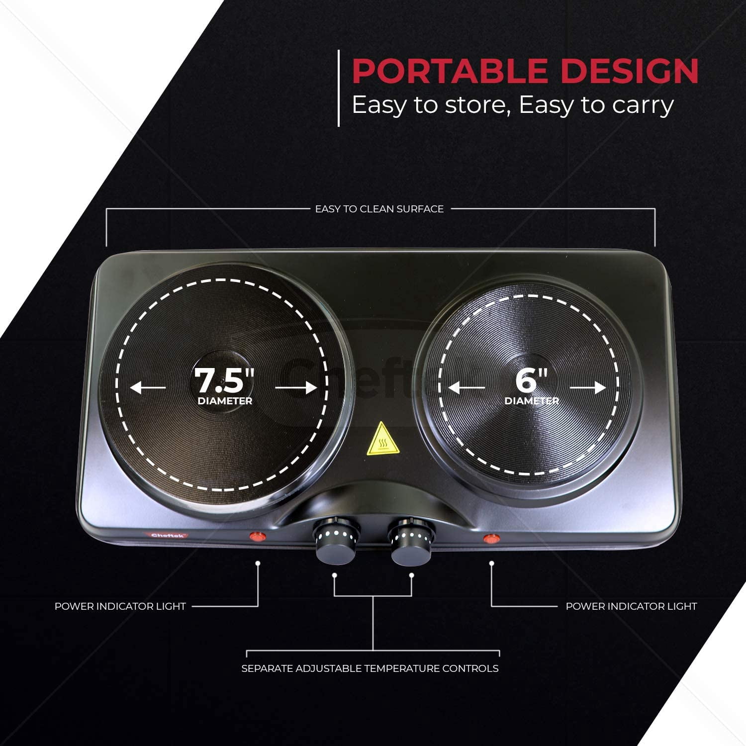 Cheftek CT1010 Dual Electric Stove with 6’’ and 7.5’’ Cook Plates; 1700W; Enamel Coated Iron; Black
