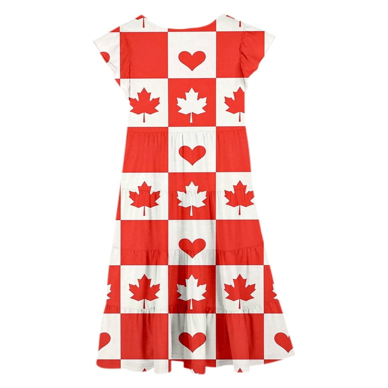 Toddler Girls Dresses Summer A Line Canada Day Maple Leaf Print Round Neck  Dress Children Girls Lightweight Breathable Fashion Outdoor Leisure Dresses，6  -7 Years