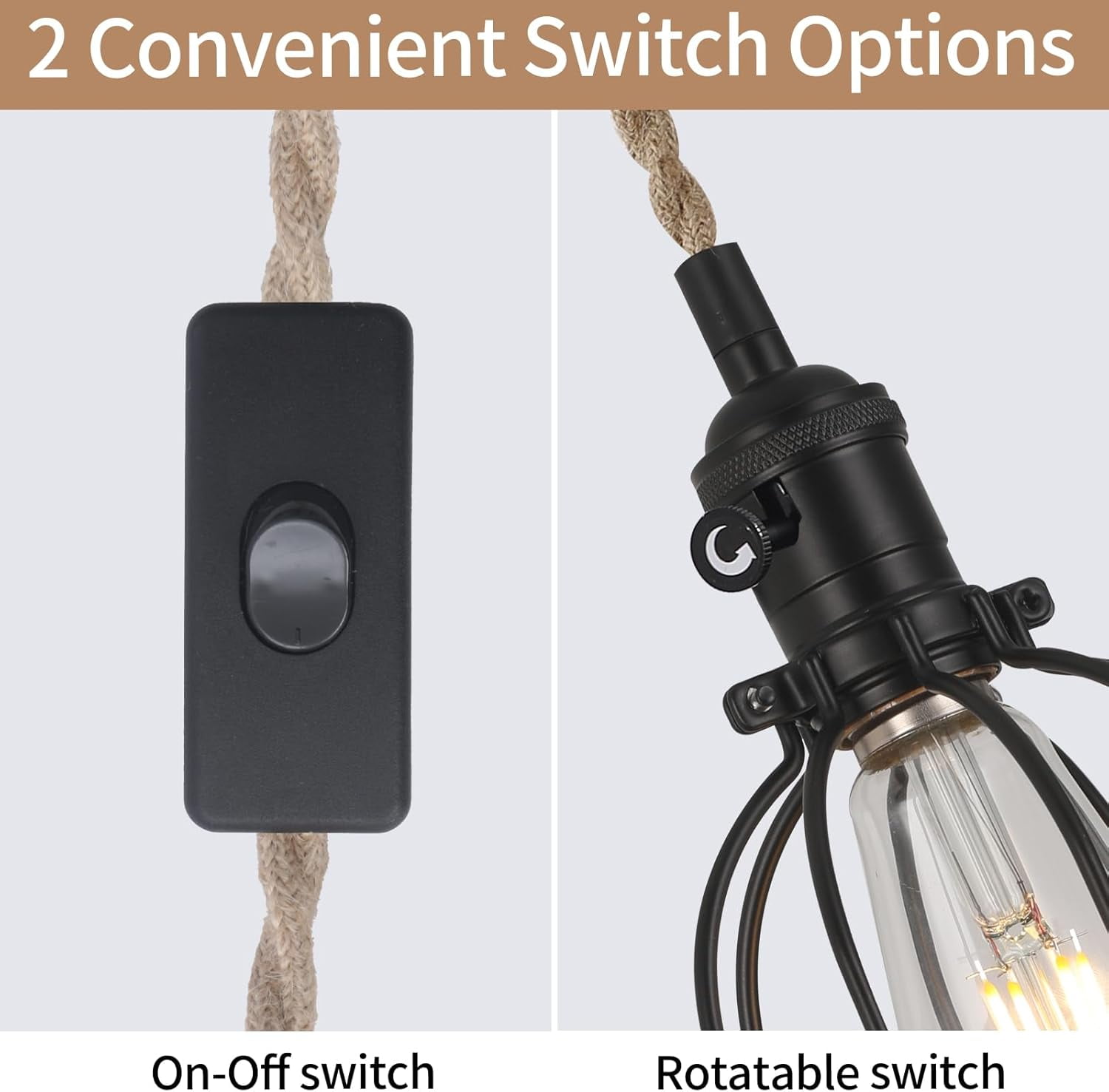 KEESFU Farmhouse Plug-in Wall Sconce Set of 2, Adjustable Rope Cage Light with Wood Bracket, Black Metal Hanging Fixture for Bedroom Living Room Hallway