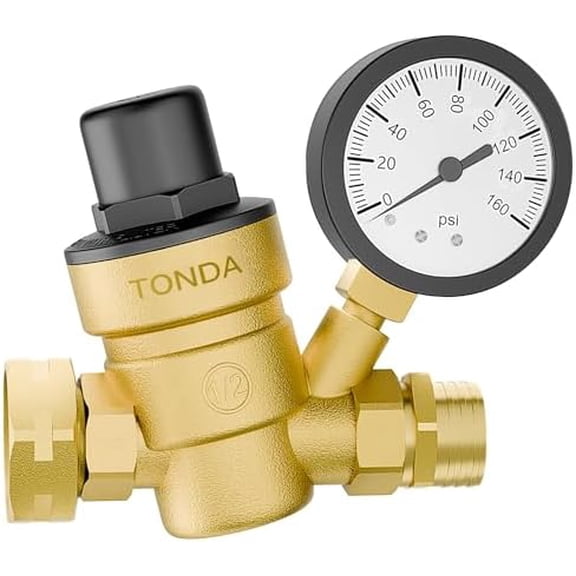 RV Water Pressure Regulator, Brass Lead-Free Adjustable Pressure Regulator with Gauge and Inlet Screen Filter for RV Camper Travel Trailer Water Hose