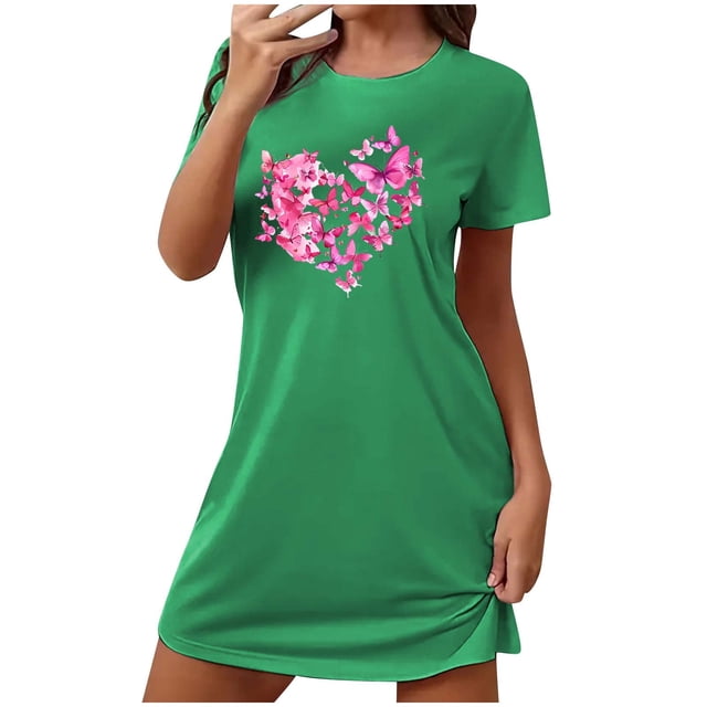 Mrat Pyjama Douillet pour Femmes Doux Chemise de Nuit Courte Surdimensionnée pour Femmes Mode Imprimé Poitrine Robe de Nuit à Manches Courtes P-86 Vert TTG