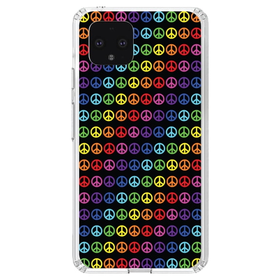 DistinctInk Clear Shockproof Hybrid Case for Google Pixel 4 (5.7" Screen) - TPU Bumper, Acrylic Back, Tempered Glass Screen Protector - Black Rainbow Peace Signs