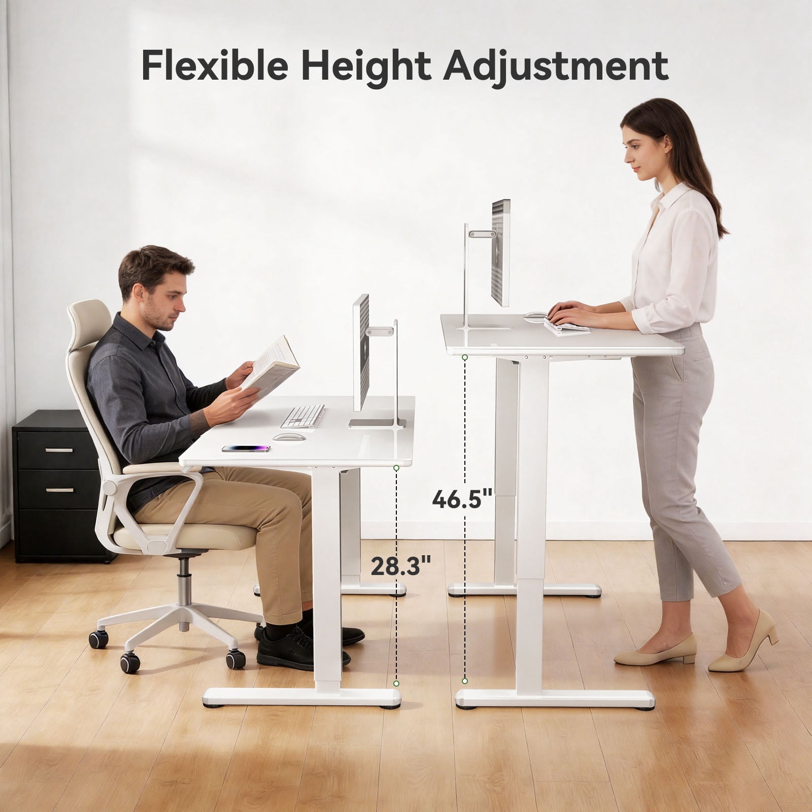 Kyspho Glass Top 48" x 24" Electric Standing Desk with Drawer, Height Adjustable Sit Stand Desk for Home Office, White