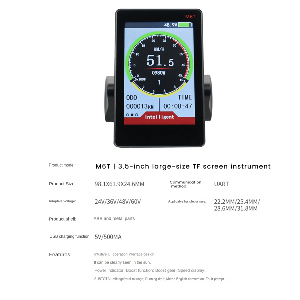 Écran LCD M6T Universel Pour Vélo électrique – 3,5″ Couleur – 24/36/48/60 V – Avec Charge USB Et IP65