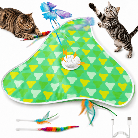 Upgraded Rechargeable 3-in-1 Interactive Cat Toy Mat – Hide & Seek with Fluttering Butterfly, Moving Concealed Feathers & Kitten Wand – Touch-Activated Self-Play for Indoor Bored Kittens ( Green）