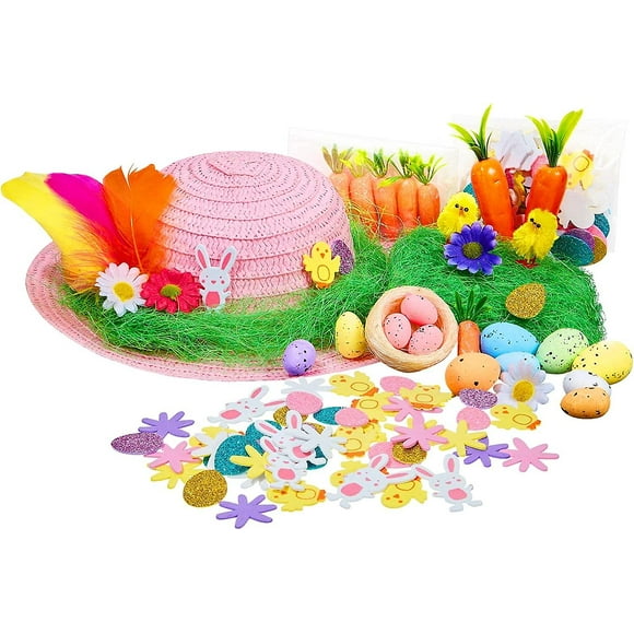 45 Pcs Girls Make Your Own Easter Bonnet Hat Set Kids Easter Bonnet Kit Complete Craft Bundle Kit Easter Bonnet Decorations Girls Hat With Chicks Flow -Bomveson