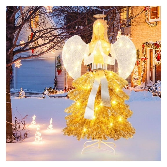 Yunken 5.2 Feet Lighted Angel Artificial Christmas Tree with Warm White LED Lights for Home Holiday Decoration