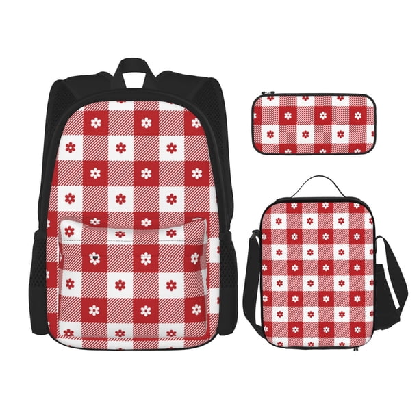 Easygdp Red Plaid Daisy Mochila para Niños y Niñas con Set de Caja de Almuerzo y Estuche para Lápices 3 en 1, Mochila Escolar Estampada para Adolescentes