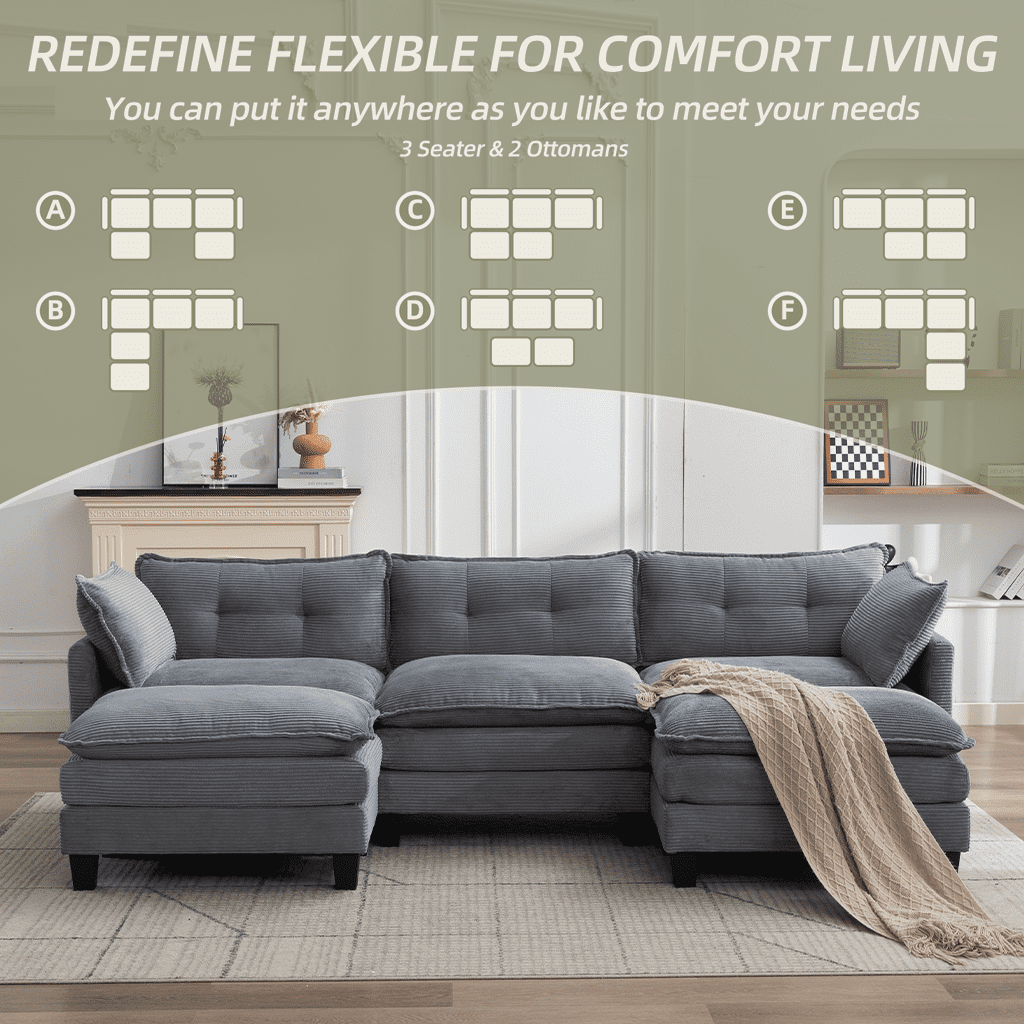 AIKEMING 112" U-Shaped Cloud Couch, Oversized Modular Sectional Sofa with 3-Seater AIKEMING Comfy Couch and 2 Movable Ottomans for Living Room, Grey