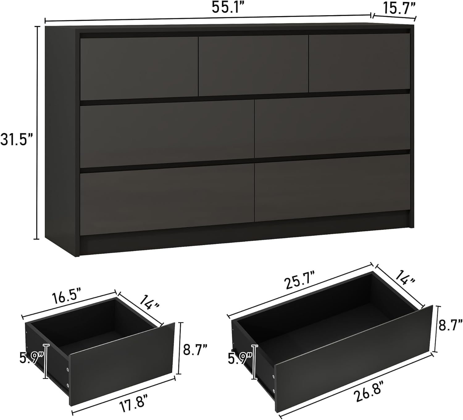 Blotout Black Malm Dresser for Bedroom, 55" Long Dresser High Gloss Dresser with 7 Drawers, Large Wood Chest of Drawer Handle Free, Dresser for Bedroom, Living Room, Entryway, Hallway