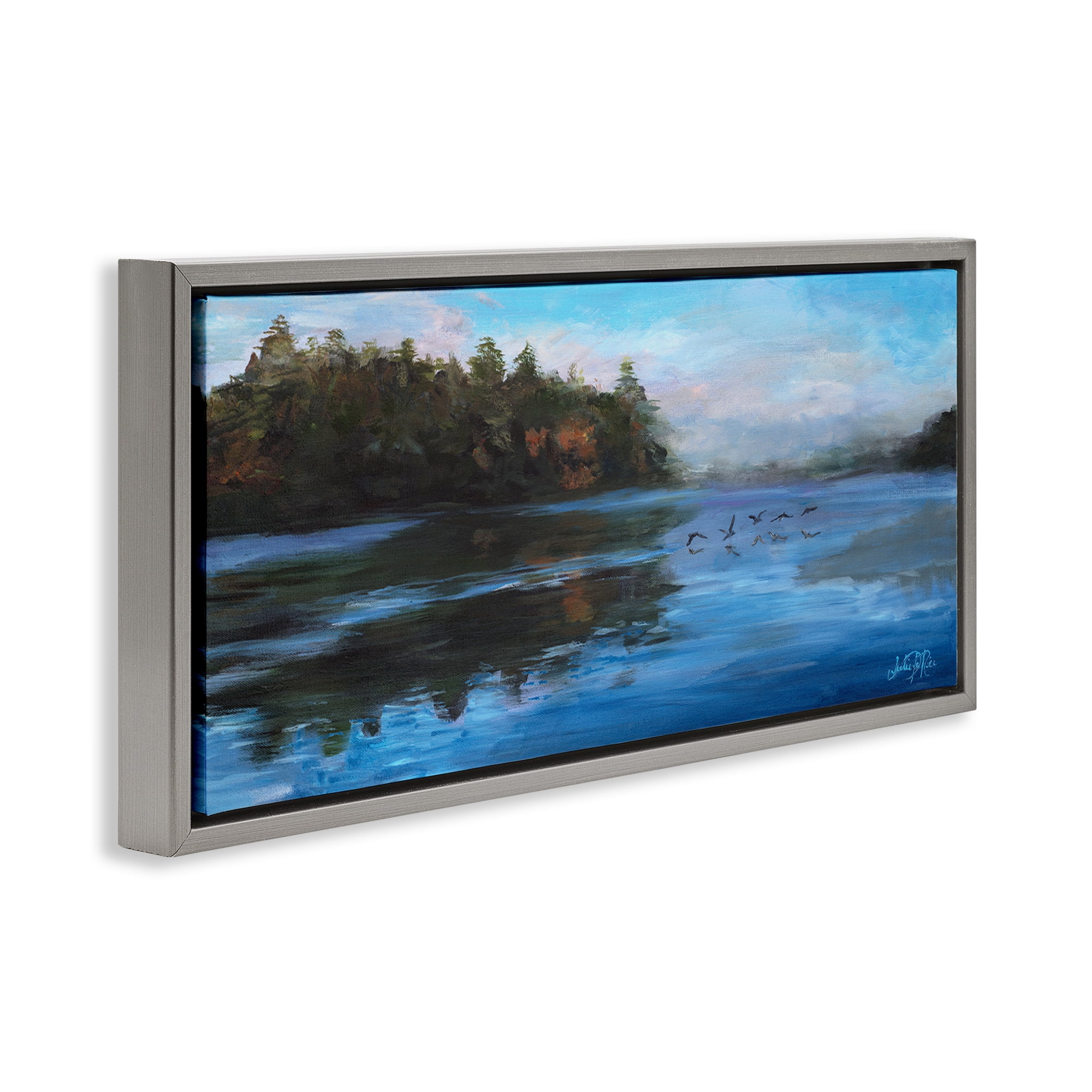 Stupell Industries Birds Along River Landscape Painting Gray Floater Framed Art Print Wall Art, 31 x 14