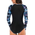 thumbnail image 4 of Las mujeres de una pieza traje baño moda suave manga larga cremallera impreso color bloque Surf bañador negro S, 4 of 8