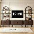 thumbnail image 6 of 71" Tall Arched Bookshelf with Sliding Tambour Doors, Walnut | Mid Century Modern Curved Iron Frame Bookcase, 4-Tier Storage Display Shelving for Living Room/Bedroom/Home Office, 6 of 9
