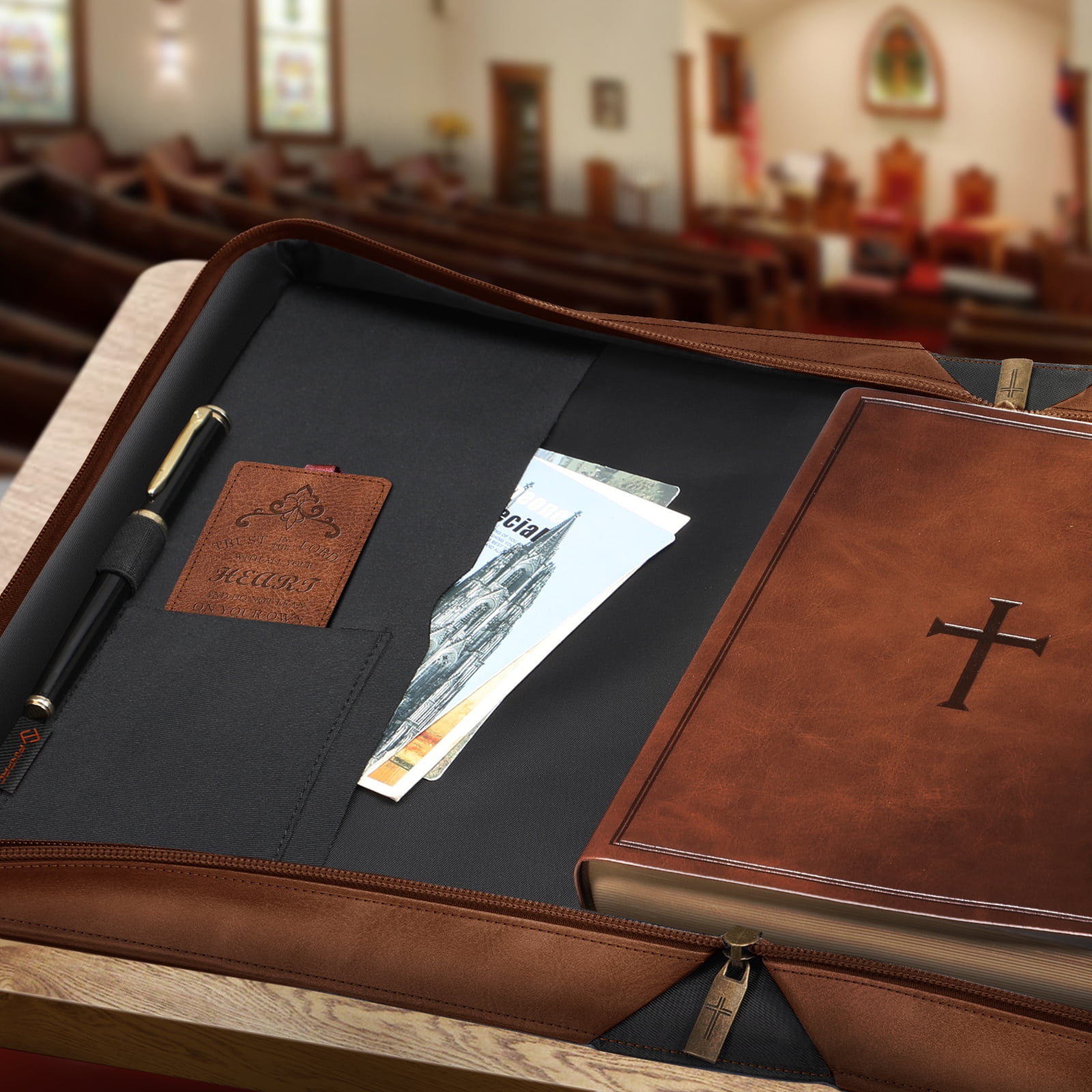 Classic Bible Cover, FINPAC Extra Large PU Leather Carrying Book Case Church Bag Bible Protective with Handle, Perfect Gift for Men, Women, Father, Mother, Friends [Trust in The Lord], Bronze