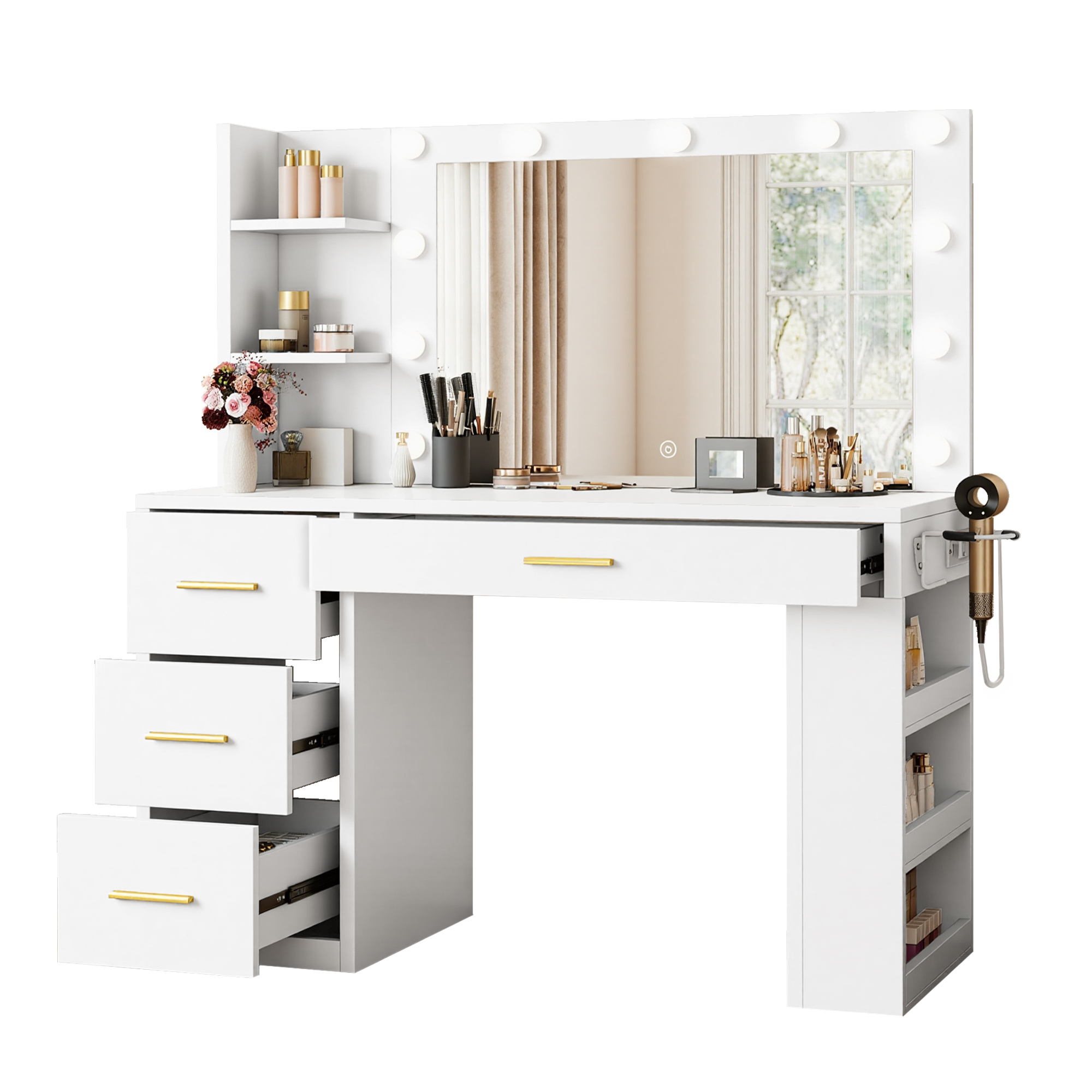 Uforic 39.5" White Farmhouse Vanity Desk with Dimmable LED Mirror, 4 Drawers, 6 Shelves, USB Charging – Dressing Table for Bedroom