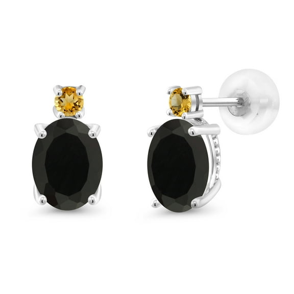 Gem Stone King 14k White Gold Black Onyx and Yellow Citrine Earrings for Women (2.64Cttw, GemstoneDecember Birthstone, Oval 8X6MM, Round 2.5MM)