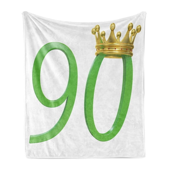 90th Birthday Soft Flannel Fleece Throw Blanket, 3D Style Design with Number 90 Queen Crown Celebration Theme Print, Cozy Plush for Indoor and Outdoor Use, 50" x 60", Yellow Green, by Ambesonne