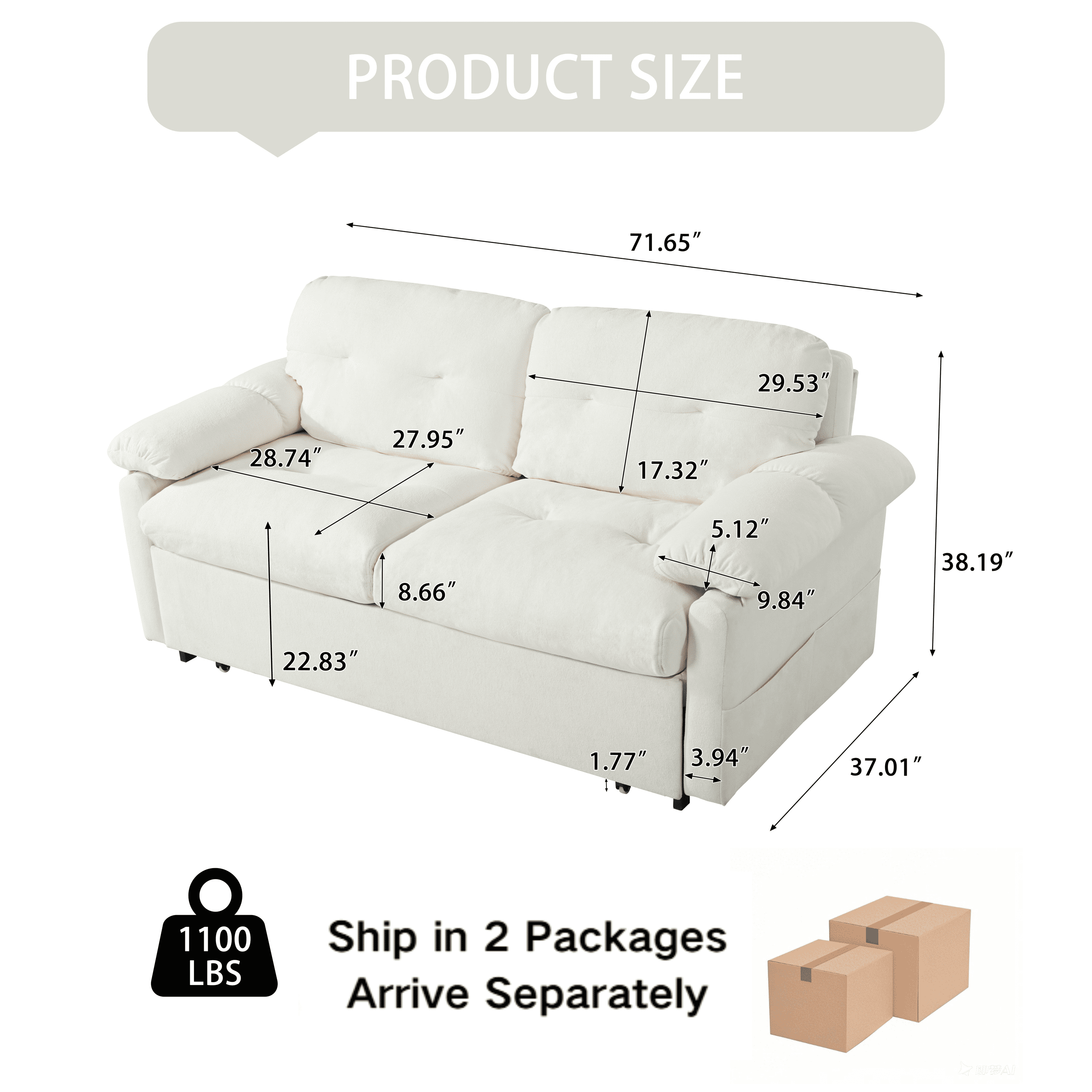 72" Chenille Fabric Sleeper Loveseat Couch, Pull-Out Couch Bed with Silent Casters, Convertible Loveseat Sofa Bed with Side Storage for Living Rooms, Studios, Beige