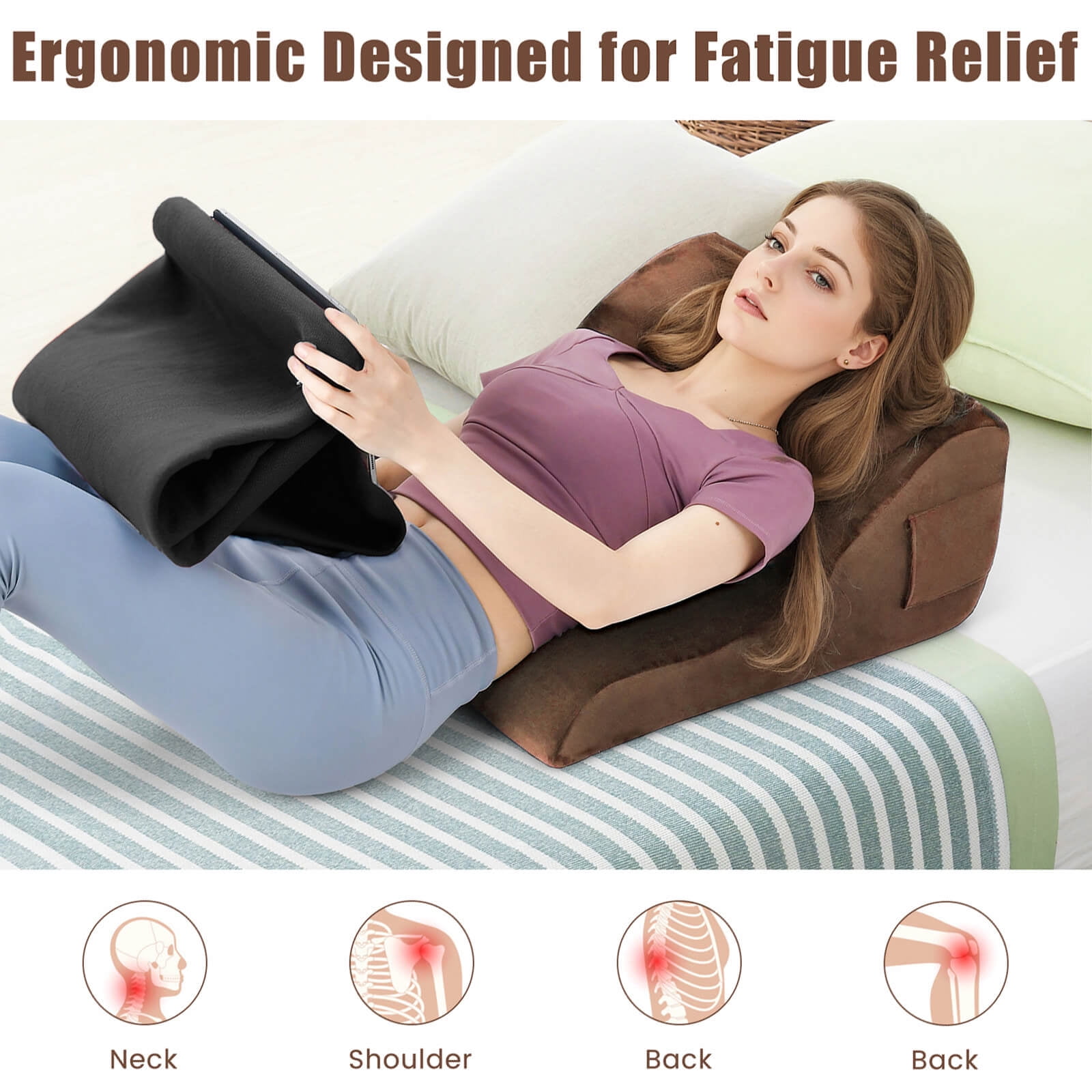 Costway Bed Wedge Pillow with 2 Side Pockets Support for Back Smooth Zipper Brown