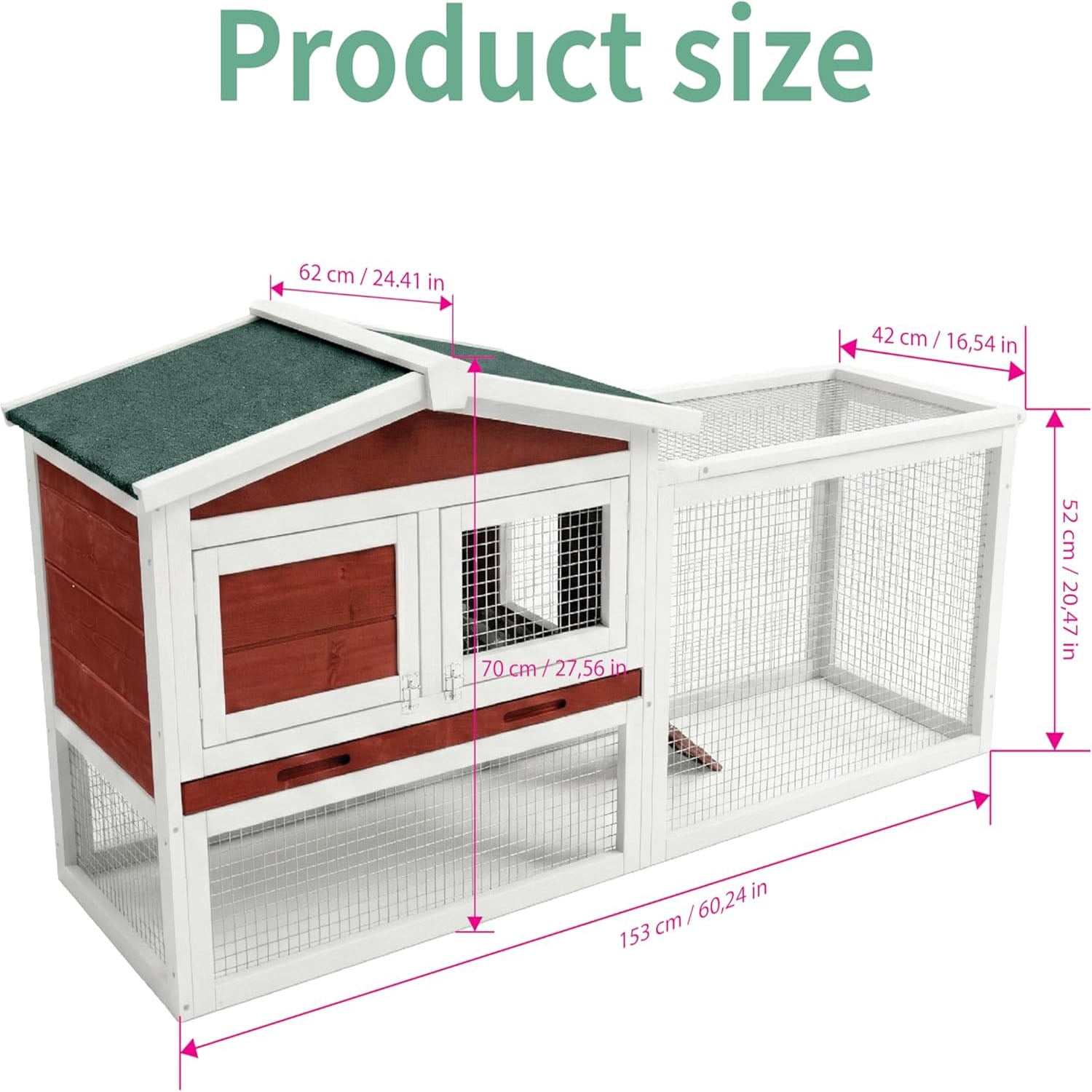 Gaderth Rabbit Hutch, 60in 2-Story Wooden Stable Bunny Cage Indoor/Outdoor with Removable Wire Netting and Weatherproof Leak Proof Tray Anti-Chew Metal Frame Ramp for Small Animals
