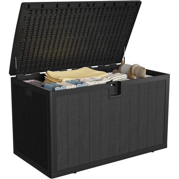 Pinypikaka 130 Gallon Outdoor Waterproof Storage Box Lockable Outdoor Storage Boxes Deck Storage Boxes for Package Delivery Deck Boxes for Patio Furniture, Garden, Tools, Faux Wood Grain