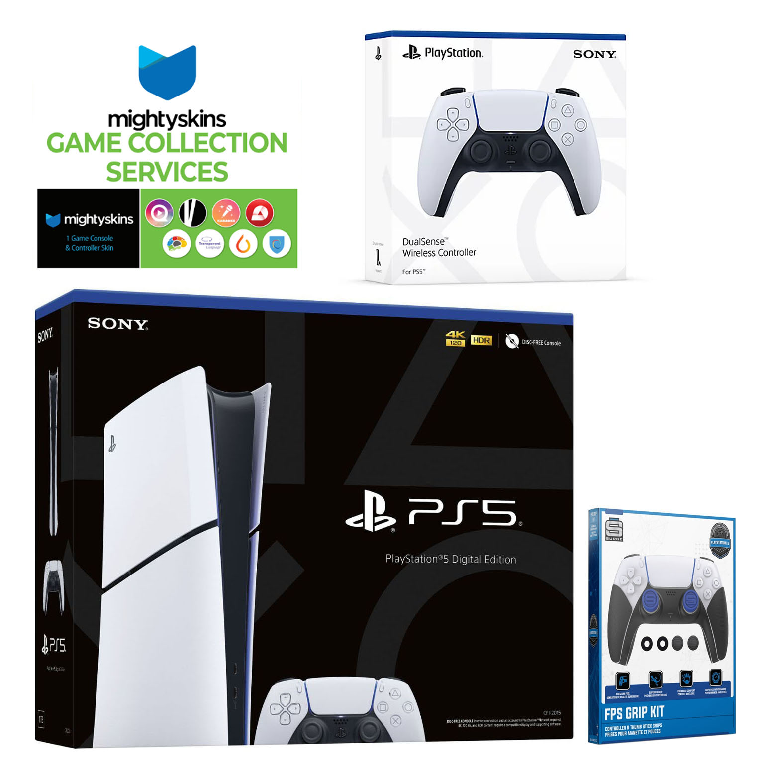 Sony PlayStation 5 Slim Digital with Extra White Controller, FPS Grip Kit and MightySkins Game Pack Code