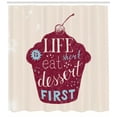 thumbnail image 3 of Eat Dessert First Shower Curtain, Retro Inspired Sketchy Cupcake with Cherry Top, Fabric Bathroom Set with Hooks, 69"W X 84"L Extra Long, Pale Eggshell Raspberry and Pale Blue, by Ambesonne, 3 of 3