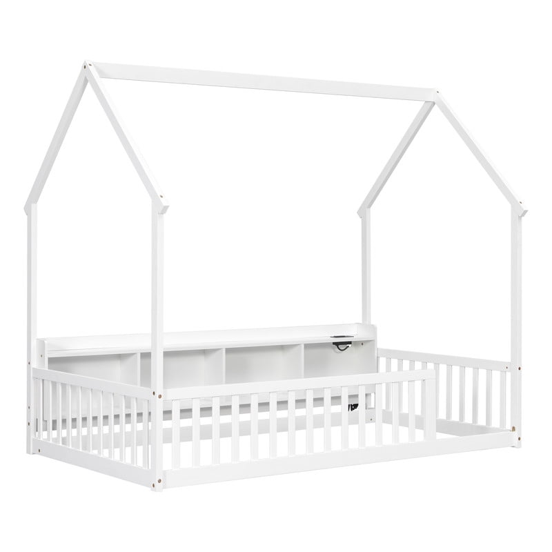 Twin Size House-Shaped Canopy Bed with Roof, Wood Kid's Floor Bed Frame with Storage Shelves, LED Lights & Charging Station