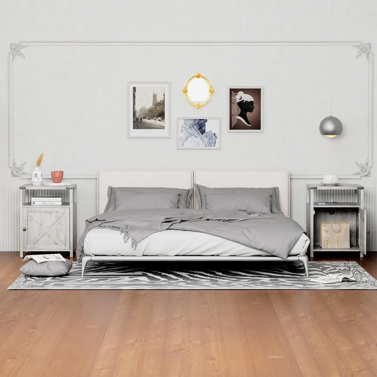 VEANERWOOD Farmhouse Nightstand with Charging Station,Living Room Side Table,Grayish White