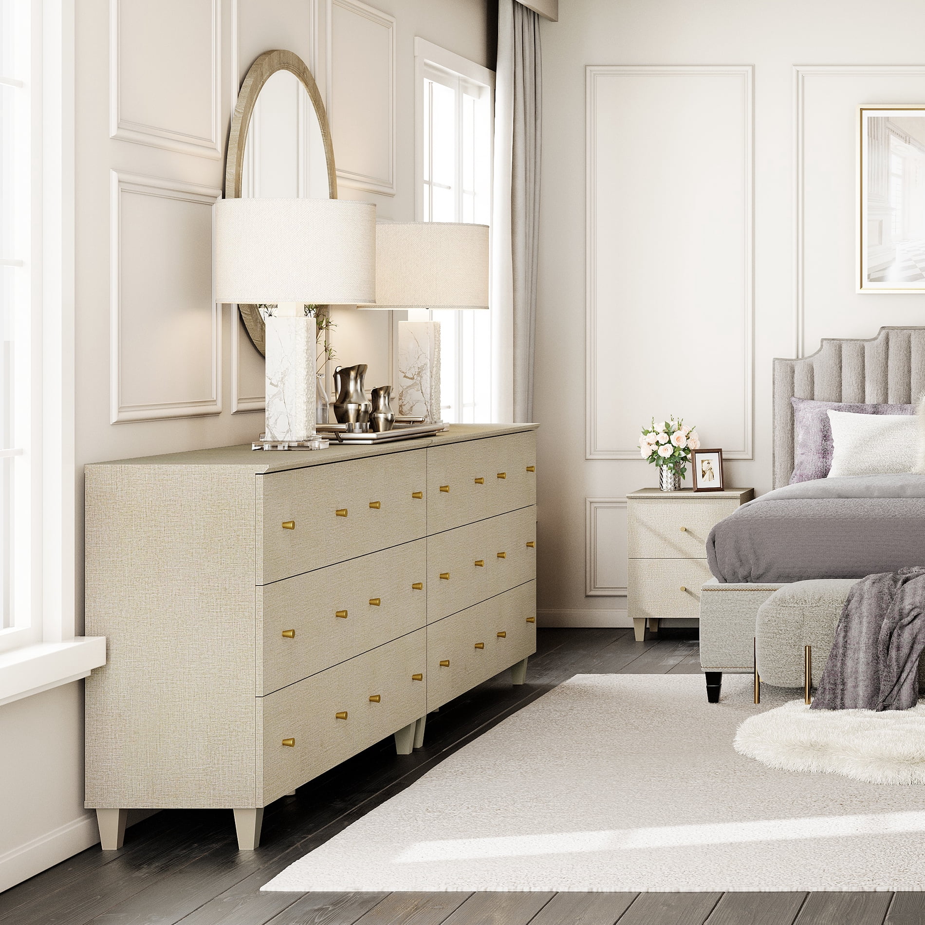WAMPAT Dresser and Nightstand Set of 3, Wood Dressers with 12 Drawers, Nightstand with Charging Stations for Living Room, Beige Linen Printed
