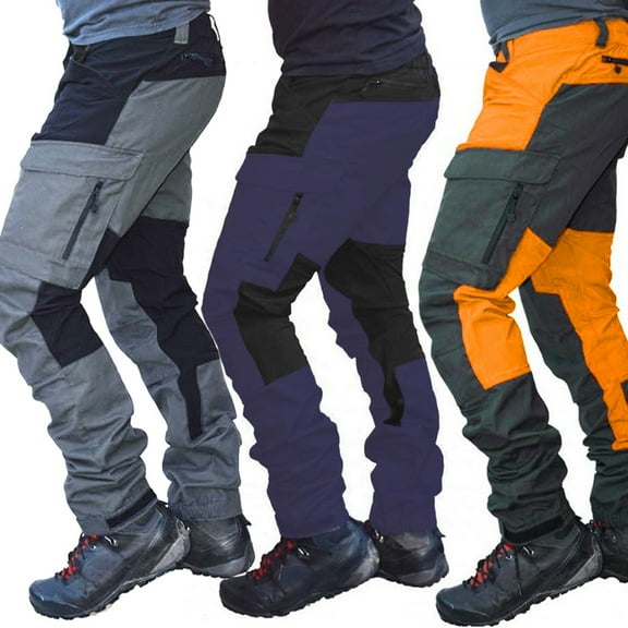 SPRING PARK Men's Casual Autumn Winter Fashion Color Block Multi Pockets Sports Long Cargo Pants Work Trousers