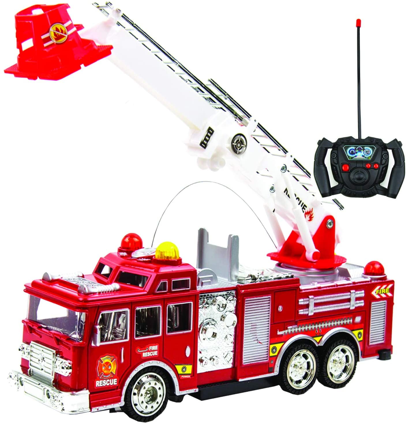 Prextex RC Fire Engine Truck Remote Control 13-Inch Rescue Fire Truck with 17-In 